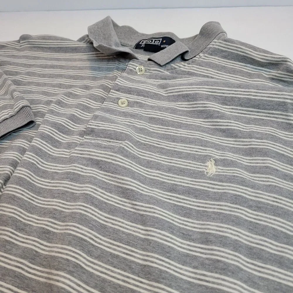 Polo Ralph Lauren Polo Shirt Mens XL Grey Striped Excellent Short Sleeve‎ Cotton